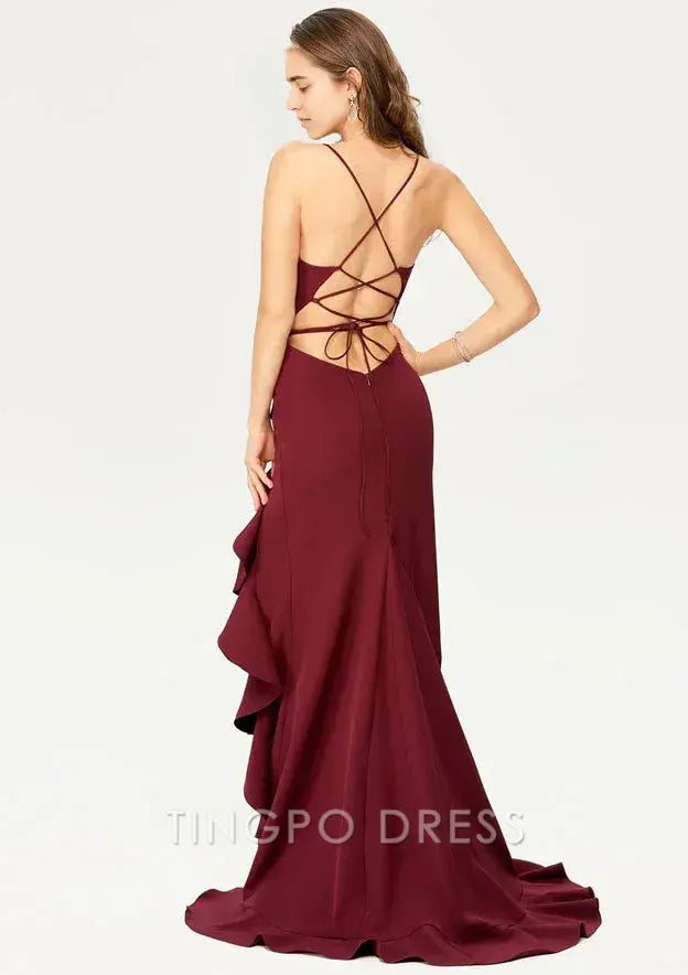 TingPo Wholesale Elegant Sheath/Column Bateau Sleeveless Stretch Crepe Asymmetrical Prom Dress With Split Cascading Ruffles